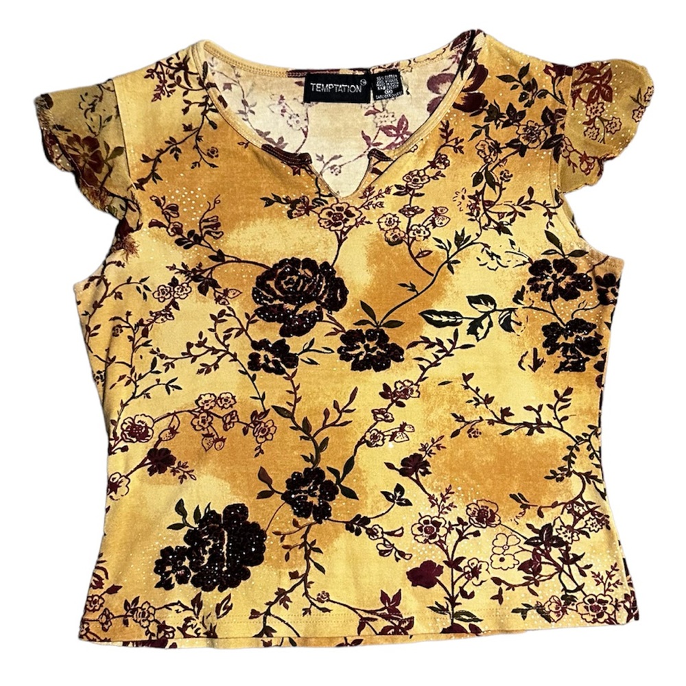 Tan/Yellow Rhimestone Floral Top